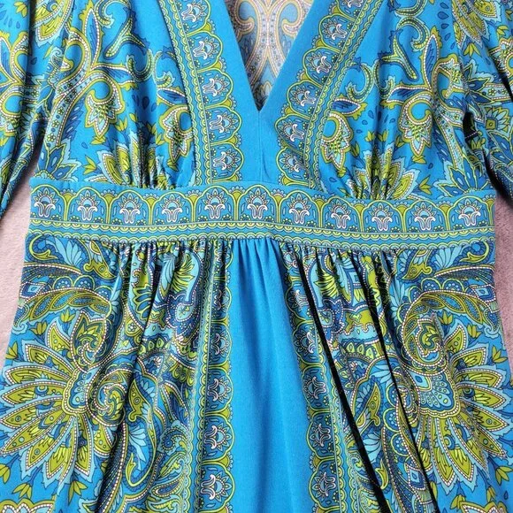 London Times Womens 10 Blue Green Paisley‎ Babydoll Y2K Boho Retro Midi Dress - Picture 6 of 10